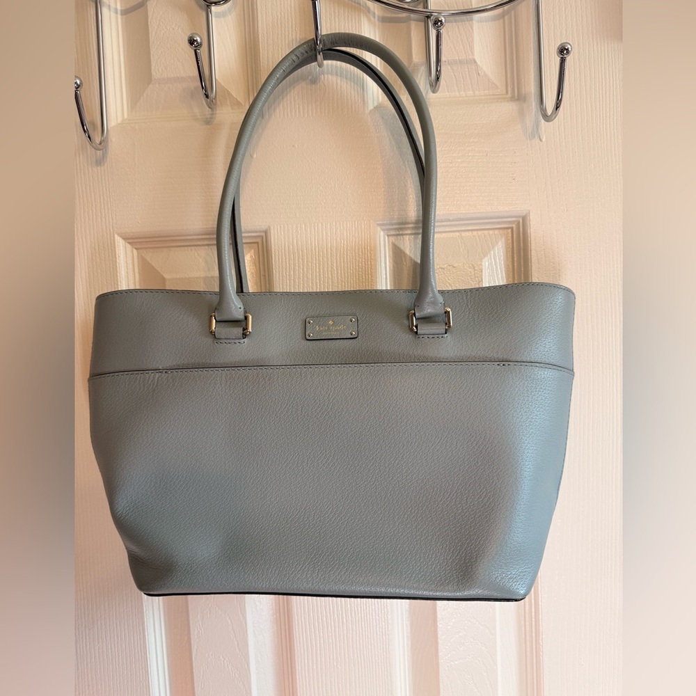 Kate Spade New York Gray Pebbled Tote Zip Closure, Logo, Gold Hardware, Women
